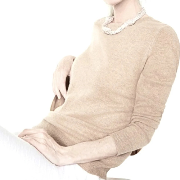 Cashmere soft crew neck pullover heathered camel ribbed cuffs & hem euc Large - Picture 3 of 9